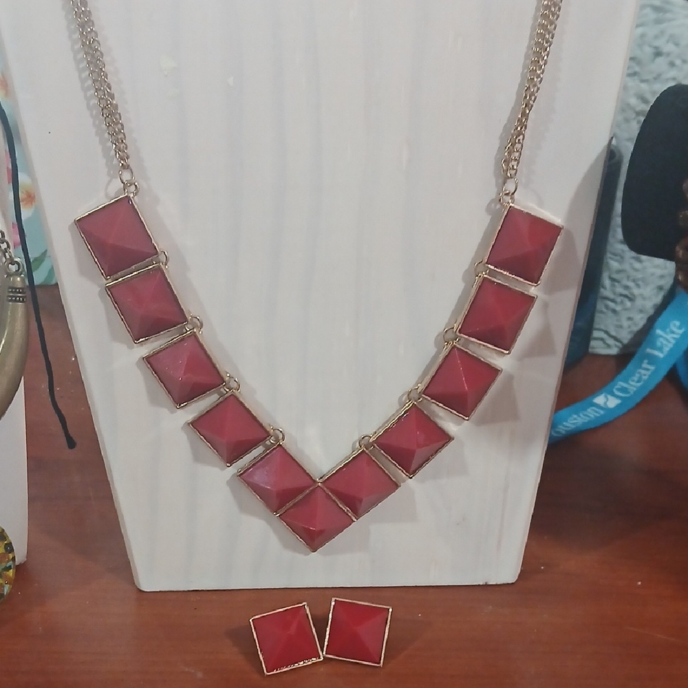 Red Geometric Statement Necklace and Earring Set - Women Jewelry